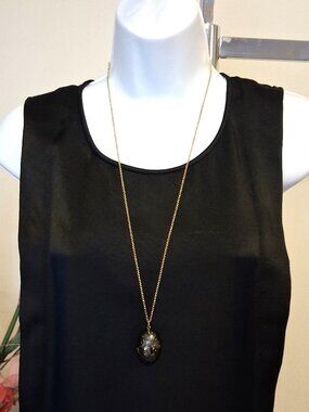 NWOT Bauxo Eco-Chic Black Oval Pendant Long Gold-Plated Necklace